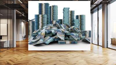 Big stacks of 2023 100 South African rand notes. A lot of money isolated on transparent background. 3d rendering of bundles of cash Wall mural