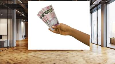 Fair hand holding 3D rendered  50 Scottish pound notes isolated on white background Wall mural