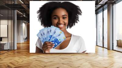 Young black woman holding and showing NigerianNaira notes to the camera over transparent background, African lady happy smiling hand money cash Nigeria currency Wall mural