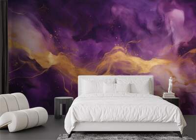 abstract liquid painting. marbled wallpaper background. purple gold swirls white painted splashes illustration.	 Wall mural