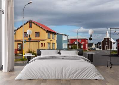 EYRARBAKKI, ICELAND - JULY 28, 2017. Traditional wooden houses in an old fishing town in Southern Iceland. Wall mural