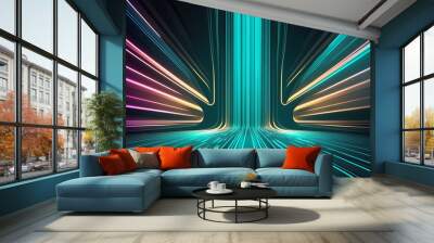 abstract background bright neon rays and glowing lines,  flash traffic energy highway, teal creative wallpaper Wall mural