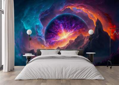 abstract graphic design, wallpaper background, a glorious galaxy rise from the surface of an ocean planet Wall mural