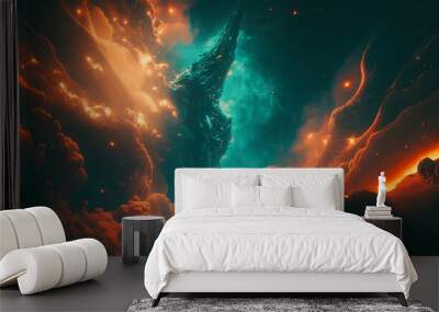 abstract graphic design nebula cloud in the space with teal and orange colors Wall mural