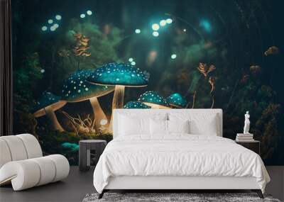 beautiful closeup fantasy magic mushroom in fairy forest, fireflies bokeh lighting background, green teal blue light, art graphic design wallpaper. Wall mural