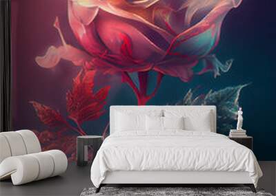 Beautiful Valentine rose flower with a soft fairy tale fog and smoke. Abstract romantic red rose flower. Wall mural