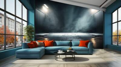 empty dark scene,  neon light, spotlights The concrete floor and studio room with smoke float up the interior texture for display products Wall mural