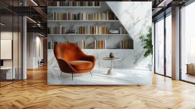 A modern white room with bookshelves, a brown armchair and table on a light background, books in the shelf.  Wall mural