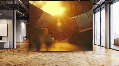 Cinematic shot of business handshake with bokeh blur background, professional Nikon D850 photography, for banner design and corporate meetings Wall mural