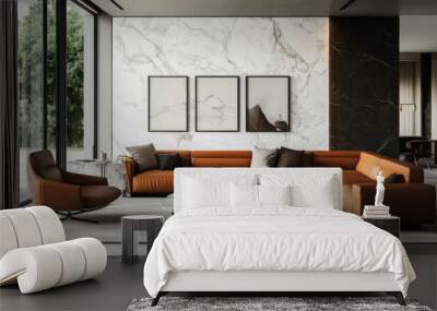 Modern Living Room with White Marble, Leather Sofa, Armchair, and Realistic Textures in Natural Daylight Wall mural