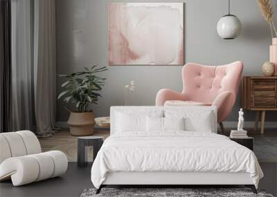 Scandinavian Living Room with Pink Accent Chair, Grey Sofa, Wooden Coffee Table, Wall Art Mockup, Contemporary Style, Natural Light Wall mural