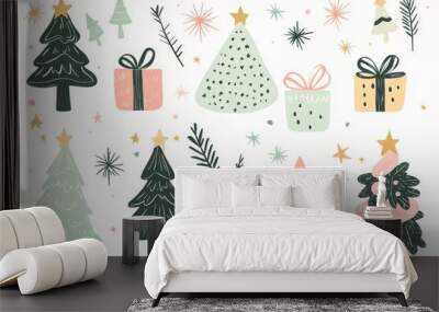 Stylish Clip Art Set with Cute Hand-drawn Christmas Trees, Presents, and Stars in Pastel Tones on White Background for Greeting Cards and Stationery Design Wall mural