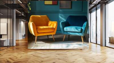 Two single armchairs in an American interior, bright and upright view, real scene photography. Wall mural