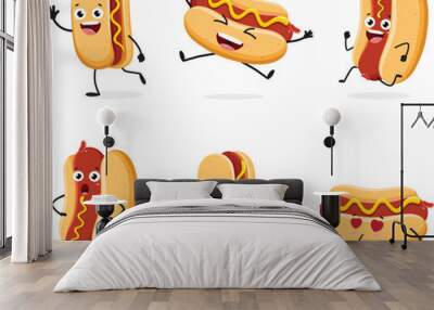 Hot dog cute fast food cartoon character set isolated on white background Wall mural