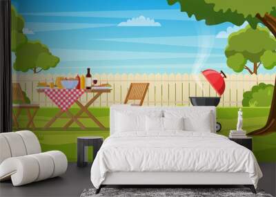 Barbecue party in the backyard with fence Wall mural