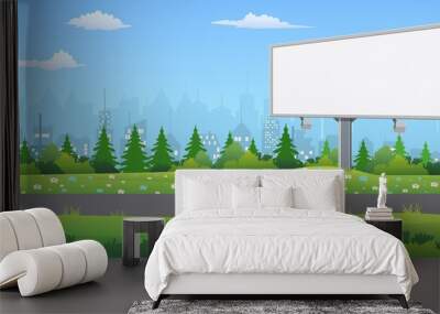 Billboard on the road. Road outside the city. Landscape. Nature and the city. Vector illustration in flat style Wall mural