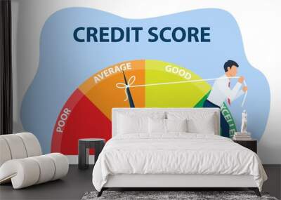 Credit score concept. businessman pulling scale changing credit information from poor to good, excellent. Payment history data meter. Vector illustration in flat style. Wall mural