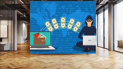 Cyber thief, internet scammer. Thief steals money from online wallet, credit card. Poster for web page, banner, presentation, social media. Vector illustration in flat style Wall mural