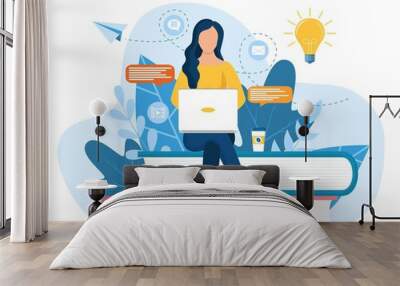 Girl sitting on pile of books. Concept illustration of online courses, distance studying, self education, digital library. E-learning banner. Online education. Vector illustration in flat style Wall mural