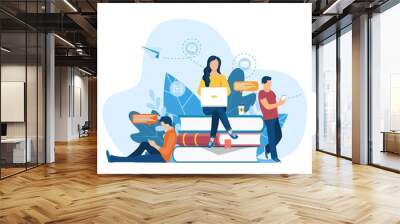 Girl sitting on pile of books. Concept illustration of online courses, distance studying, self education, digital library. E-learning banner. Online education. Vector illustration in flat style Wall mural