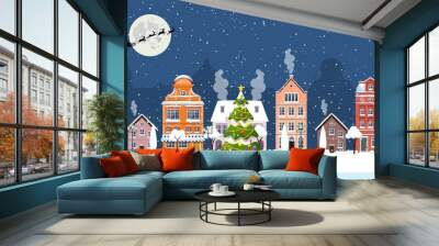 happy new year and merry Christmas winter old town street. christmas town city panorama. Santa Claus with deers in sky above the city. Vector illustration in flat style Wall mural