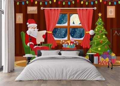 Merry Christmas. Santa Claus sitting in armchair in living room and reading wish list. Christmas background. Christmas tree, winter window, gifts in the bag. Vector illustration in flat style Wall mural