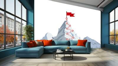 Mountain climbing route to peak. Top of the mountain with red flag. Business success concept. Vector illustration in flat style Wall mural