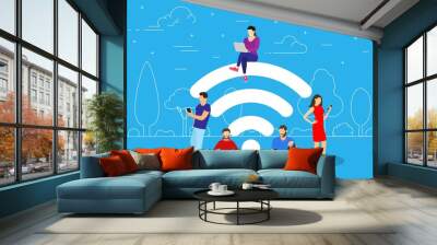 People in free internet zone using mobile gadgets, tablet pc and smartphone. big wifi sign. Free wifi hotspot, wifi bar, public assess zone, portable device concept. Vector illustration in flat style Wall mural