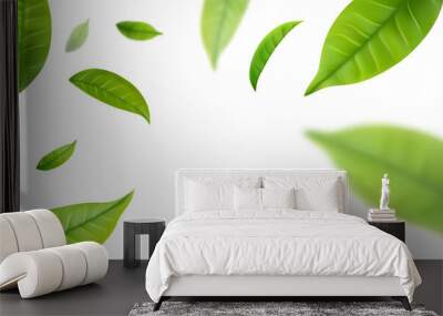 Realistic green tea leaves in motion Wall mural