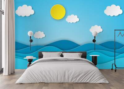 Sea view on clear sky. paper cut and craft style. blue sea waves white air clouds paper art style of cover design. Vector illustration Wall mural