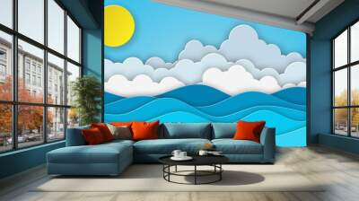 Sea view on clear sky. paper cut and craft style. blue sea waves white air clouds paper art style of cover design. Vector illustration Wall mural