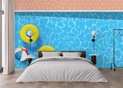 two yellow pool rings and ball floating in a swimming pool. Poster template for summer holiday. Summer pool party banner with space for text. Vector illustration in flat style Wall mural