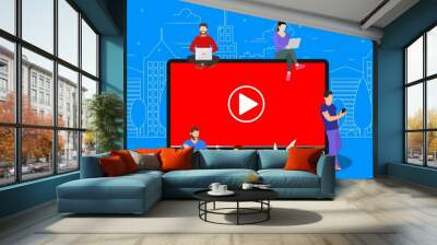 Video concept. people using mobile gadgets, tablet pc and smartphone for live watching a video via internet. Vector illustration in flat style Wall mural