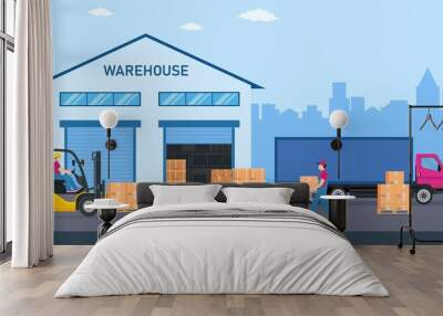 Warehouse industry with storage buildings, trucks, forklift and rack with boxes. Distribution logistic and cargo delivery concept. Vector illustration in flat style Wall mural