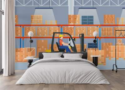 Warehouse interior with cardboard boxes on metal racks. Warehouse interior with goods, pallet trucks, forklift truck and container package boxes. Vector illustration in flat style Wall mural