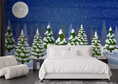 Winter landscape with white pine trees on snow Wall mural