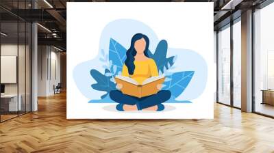 Young woman reading book sitting in nature. Education, reading, studying. Vector illustration in flat style. Vector illustration in flat style Wall mural