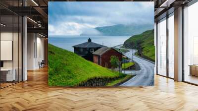 Bus driver's view through the windscreen driving the Faroe Islands tour route Wall mural