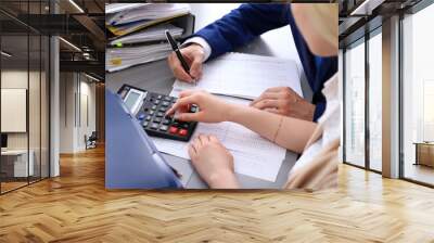 Bookkeeper or financial inspector and secretary making report, calculating or checking balance. Internal Revenue Service inspector checking financial document. Audit concept. Wall mural