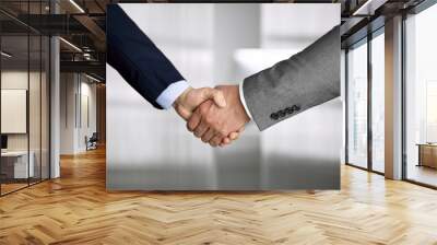 Business people in office suits standing and shaking hands, close-up. Business communication concept. Handshake and marketing Wall mural