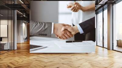 Business people shaking hands finishing contract signing, close-up. Business communication concept. Handshake and marketing Wall mural