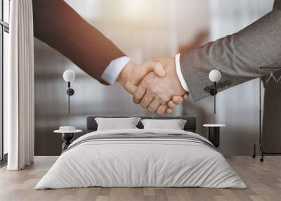 Business people standing and shaking hands in sunny office, close-up. Handshake and marketing Wall mural