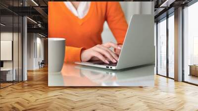 Close up of business woman hands typing on laptop computer Wall mural