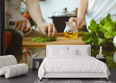 Closeup of human hands cooking in kitchen. Mother and daughter or two female friends cutting vegetables for fresh salad. Friendship, family dinner and lifestyle concepts Wall mural