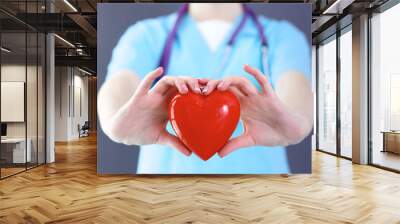 Female doctor with stethoscope holding heart in her arms. Healthcare and cardiology concept  in medicine  Wall mural