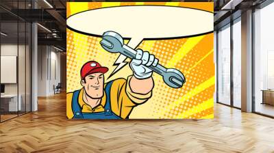 Male repairman with a wrench says comic book bubble Wall mural