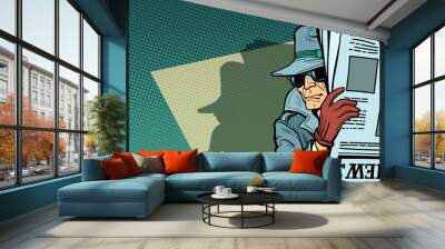 Spy detective in hat and sunglasses, newspaper Wall mural