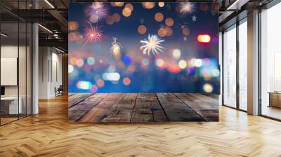 Fireworks and Bokeh Lights with Wooden Table Wall mural