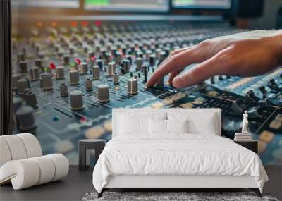 Hand adjusting knobs on a professional audio mixing console Wall mural