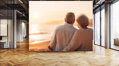 Happy senior couple looking enjoying beach sunset landscape together, summer vacation at sea coast Wall mural